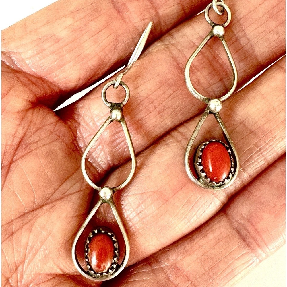 VTG Navajo Red Coral Earrings Teardrop Sterling Lightweight Long 60s Hook Dangle